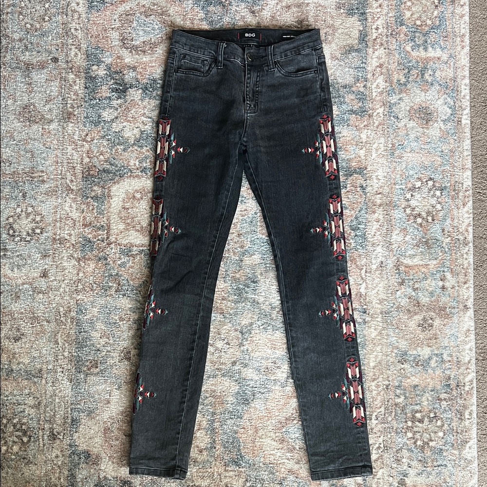 BDG Black Skinny Jeans with Pink & Cream Geometric Side Embroidery